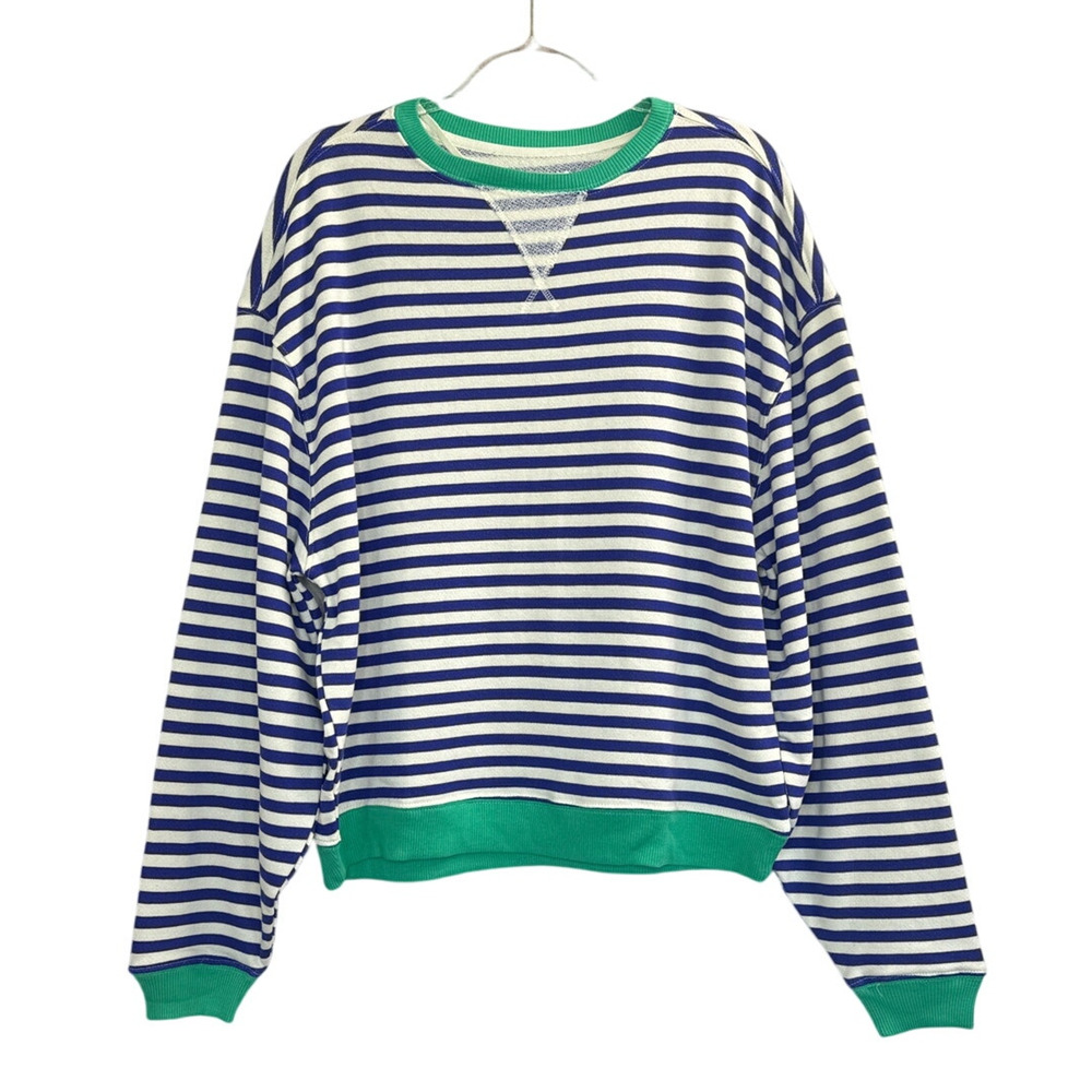 Free People Classic Stripe Oversized Crewneck Blue Green Combo Sz M Cozy Boho - Picture 3 of 8